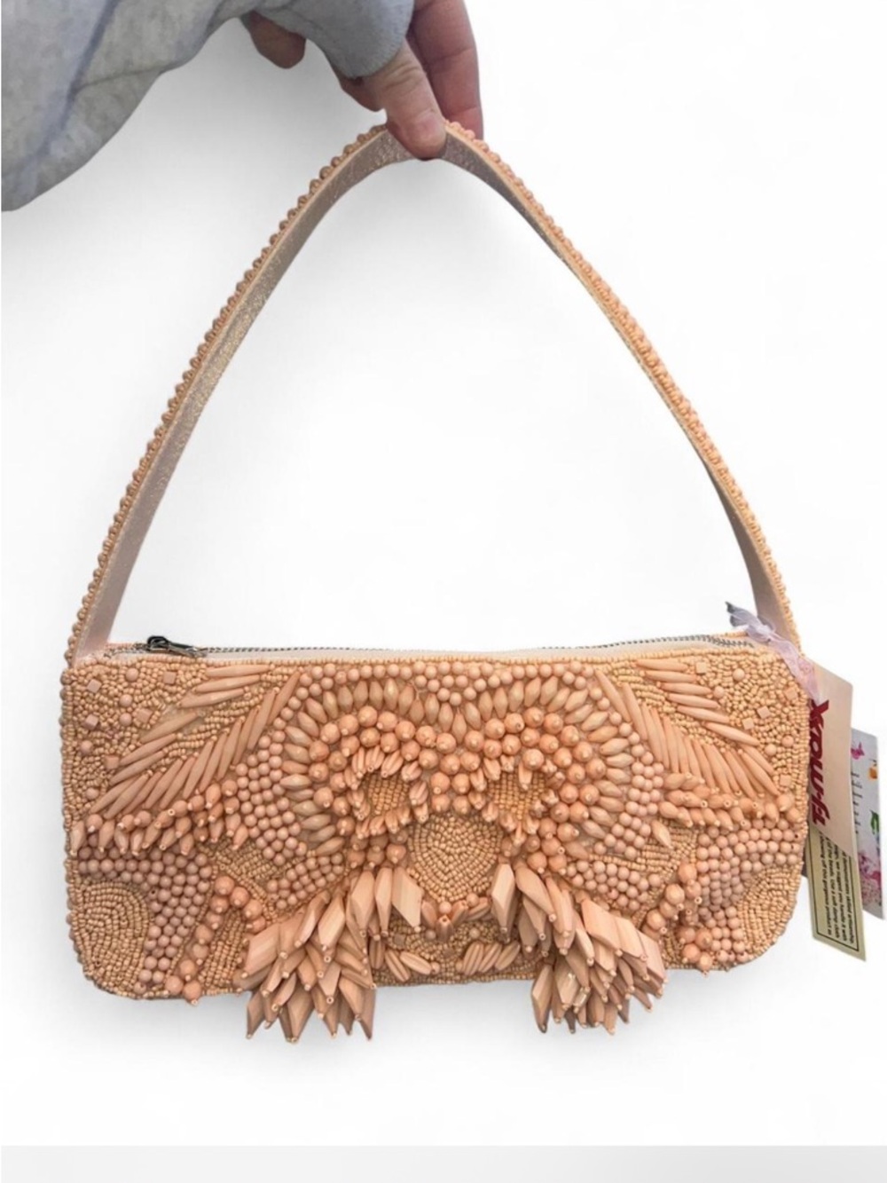 peach studded beaded shoulder bag made in india